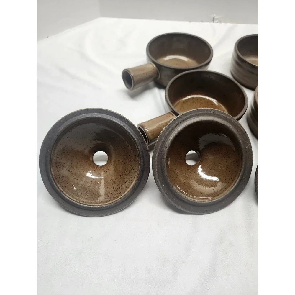 Vintage Brown Speckled Stoneware French Onion Soup Bowls with Lids Set of 4